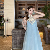 2025 High-End Exquisite Dress Light Luxury High-End Sense Of New Chinese Style Embroidery Temperament Blue Dress
