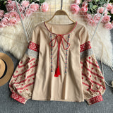 Small-Sized Retro National Wind Embroidery Round Tie With Lantern Sleeve Shirt Women Loose And Thin Top Tide