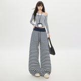 2025 New Autumn And Winter Striped Loose Comfortable Trousers Blue And White Drawstring With Elastic Slack Design Sense
