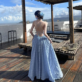 2025 Super Fairy Summer Wave Blue Pure Desire Holiday Windy Back Dress To Collect The Waist Thin Skirt Slings Long