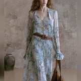 Mist Lanxiang Nomadic Style Print To Collect Waist Long Temperament V-Neck Dress With Sling Skirt