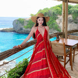 Sanya Seaside Resort Beach Dress Bohemia Retro Collared Sling Dress Travel Photo Wear
