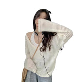 Lazy Style Design Hollow Long Sleeve V-Neck Knitted Shirt For Girls Summer Loose High-End Sunscreen Shirt Chic Top
