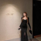 Large-Size Women's French Temperament Thin Dress Autumn Fat Mm Black Mesh Spliced Fishtail Skirt Inside The Long Skirt