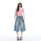 Creamy Blue Hot Babes High Waist Hole Thin Seven Trousers Women 2026 Summer New Leisure Loose Trousers