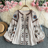 National Wind Heavy Industry Embroidery Round Tie With Lantern Sleeve Top Woman Autumn New Loose Thin Shirt Woman