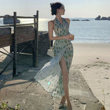 2025 Smart Impression Vintage Niche Design Holiday Atmosphere With A Feeling Of Hanging Neck Prints Bare Back Dress Summer