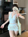 2026 New Sweet Flower Pure Lust Wind Split Swimsuit Women Bikini Flat-Angled Trousers Conservative Hanging Neck Cover Meat Thin