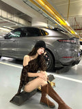 Irregular Ribbon Slanted Shoulder Long-Sleeved T-Shirt Girl Spring And Summer Design Net Yarn Repair Waist Babes Bottom Shirt Top