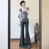Summer New Hanging Micro-Slave Women Slim Slim Thin Waist Broad Leg Trousers Blouse Casual Two-Piece
