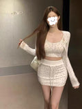 Spring Wear A Full Set Of Women's Long Sleeves Sleeve Sling Sling Vest Pure Hot Girl Casual Shorts Three-Piece Set