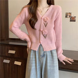 Thick And Gentle Little Fragrant Style Short Knitted Cardigan Sweater Autumn New Sweet Three-Dimensional Flowers Pink Clothes
