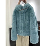 2025 Autumn And Winter Trend Korean Imitation Lamb Hair Hooded Short Coat Small Man Showing High Blue Hair Super Temperament