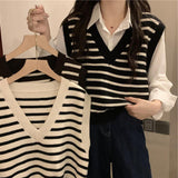 Early Autumn Knitted Vest Women Spring And Autumn New Gentle Lazy Wind V-Neck Striped Knitted Vest Sweater