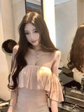 Summer Korean Pure-Want Style Short Repair Slim Thin Chest Bare Shoulder Coat Pink Lotus Leaf Side Shoulder T-Shirt Girl