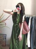 Matcha Green Retro Style Sleeveless Shirt Dress Summer Relaxation Feel Literary And Artistic Atmosphere Simple Casual Comfortable Dress