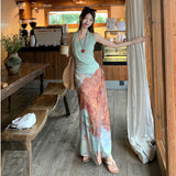 Dopamine Island Vacation Set Beautiful Hanging Neck Vest Suspension Half-Beauty Dress Two-Sleeve