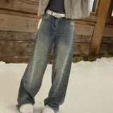 European Hot Diamond Shiny Straight Jeans Women 2026 Fashion Heavy Industry High-Level Broad Legs