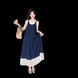 Blue Lattice Sleeveless Dress French Literary Style Retro Small Fresh Holiday Sling Vest Long Dress