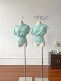 Pure Wind Fish Bone Split Design Waist Top Summer New Korean Slanted Shoulder Slim Thin Short-Sleeved T-Shirt Girl