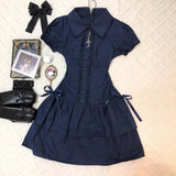 Vintage Wears The College Style Lace Side Spliced Blue Retro Shirt Dress Ancient Style Skirt