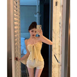 Summer Bow Strap Sexy Braided Hottie Tucked Shoulder Dress French Pure Desire Hanging Neck Sling Vest Woman
