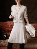 Soft-Cough Light Milk Tea Elegant Italian Cashmeal Knitted Blouse + Skirt Set