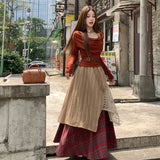 Xinjiang Sichuan West Tourism Wear Set Two Sets Of One-Word Shoulder Hanging Neck Long-Sleeved Shirt + Folding Retro Lattice Skirt