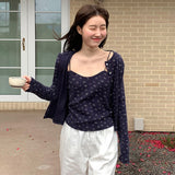 Spring And Autumn 2025 South Korea Dongdaemun Fresh Small Broken Flowers Gentle Fasten Long Sleeve Small Open Shirt Sling Vest Two Sets