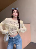 Summer Retro Old Letter-Print T-Shirt Women's Thin Long-Sleeved Hoodie Loose Short-Term Umbilical Top
