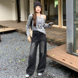 Black-Gray Denim Straight Pants Women's 2026 Summer New Design Retro Broad Legged Trousers