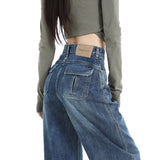 Mid-2025 New Dark Features Back Bag High-Waisted Broad-Legged Jeans Women Thin Straight-Tipped Loose Drag Trousers