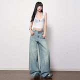 Light Blue Water Wash Mid-Rise Splash Ink Print Design Sense Jeans Women 2026 Spring New To Do Old Thin