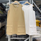 Summer New Wind Washing Water Cotton Large Pocket Loose Sleeveless Dress Women Thin Vest Skirt A Skirt