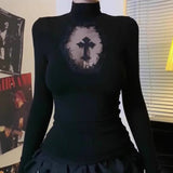 Large-Size Fat MM Retro Cross Hollow Top Woman Spring And Autumn New Height Collar To Hit The Bottom Shirt