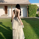 2025 Holiday Atmosphere Feel Dress Women Folded Deep Hanging Neck Dress Pure Lusty Sexy Big Side Lace Dress