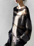 Korean Black Mesh Splicing Hollow Knitted Shirt Women Spring And Autumn Special Design Feeling Lazy Wind Loose Top