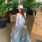 2026 New Niche Skirt Set Blue Slings Half Skirt Loose Vacation Two Sets