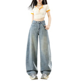 2026 Spring New Loose Broad-Legged Jeans Women's Back Bag Line Embroidery Showing Thin Straight Trousers