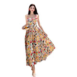 2025 Retro Square-Collar Oil Painting Sling Skirt Three-Dimensional Flower Temperament Print High-Waisted Splicing French Dress