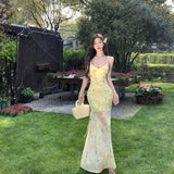Purely Want Holiday Style Yellow Broken Flower Hanging Dress Women Summer Bare Back Strap To Close The Waist Net Yarn Fishtail Long Skirt