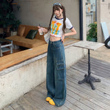 Vintage Blue Water Wash Trousers Jeans Women's New Retro High-Waist Straight Broad Leg Pants