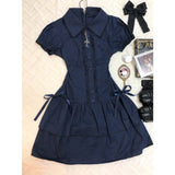 Vintage Wears The College Style Lace Side Spliced Blue Retro Shirt Dress Ancient Style Skirt