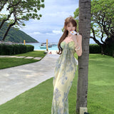Seaside Vacation Pure Green Crumb Print Sling Bosom Long Dress Beautiful Island Out Of The Beach Dress Woman