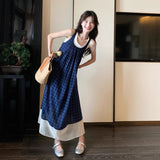 Blue Lattice Sleeveless Dress French Literary Style Retro Small Fresh Holiday Sling Vest Long Dress