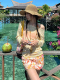 Swimsuit Women Split Skirt Striped Orange Long-Sleeved Hoodie Belly Thin Bikini Four-Piece Set Of Beautiful Vacation