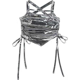 Summer Pure Lust Sexy Dew Irregular Small Sling Twitch Sister Wind Bilateral Drawstring Silver Vest Hottie