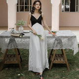 French Small Retro Black And White Splicing Irregular Lotus Edge Super Fairy Sling Dress Women's Holiday 100-Fold Long Dress