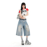 Puppy Embroidered Broad-Legged Seven-Point Jeans Women Low-Rise Loose Straight Eight-Point Thin Jeans