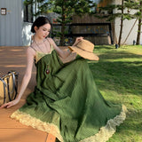 2026 New Advanced Re-Engraving Improved Vintage Style Folded Design Lace Sling Dress Summer
